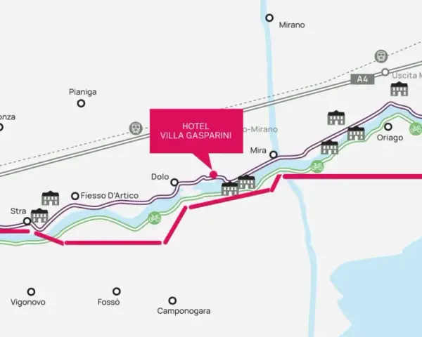 Mappa di un tour ville venete, con hotel Villa Gasparini, percorsi ciclabili e autostrade A4/A13.