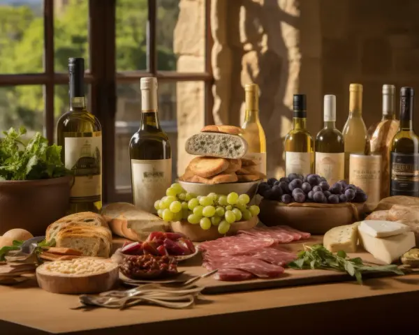 Un perfetto aperitivo in vigna Veneto: vini, pane, salumi, formaggi, uva e verdure fresche, un invito alla convivialità.