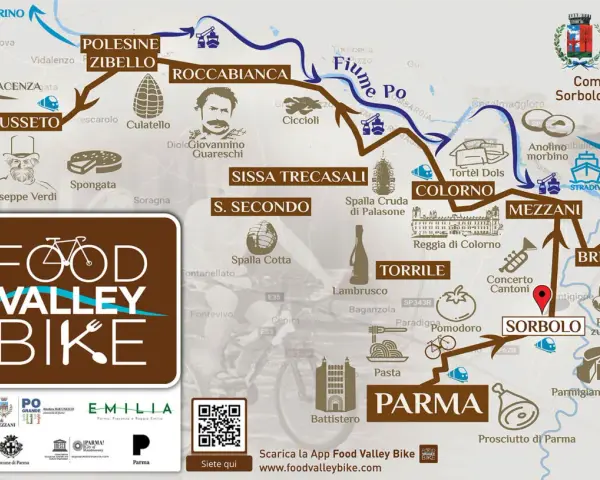 Mappa delle ciclabili in Emilia Romagna, con tappe dedicate a cibo e cultura, da Busseto a Sorbolo.