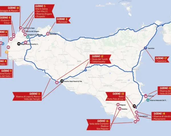 Itinerario in Sicilia: una vacanza a sorpresa tra spiagge, riserve naturali e siti archeologici, da Trapani a Taormina.