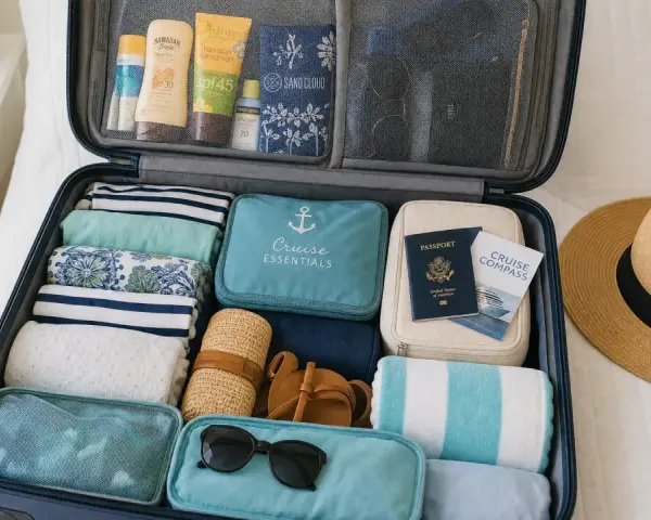 Valigia aperta con abiti piegati, creme solari, cappello di paglia, occhiali da sole e documenti. Ecco cosa portare in barca a vela per una vacanza perfetta.