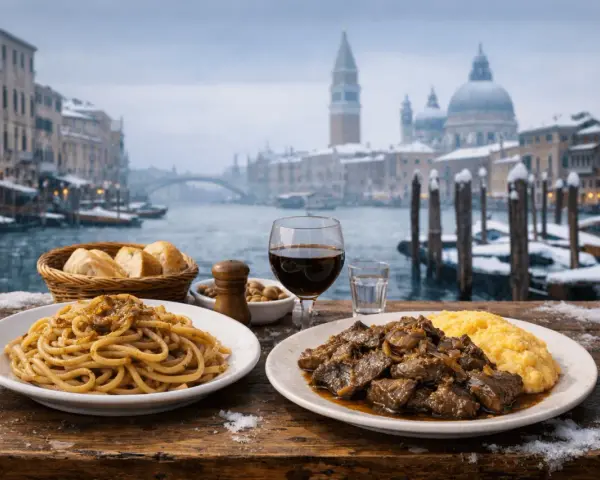Un assaggio di piatti tipici veneziani con spaghetti e spezzatino, sullo sfondo di un Canal Grande innevato.