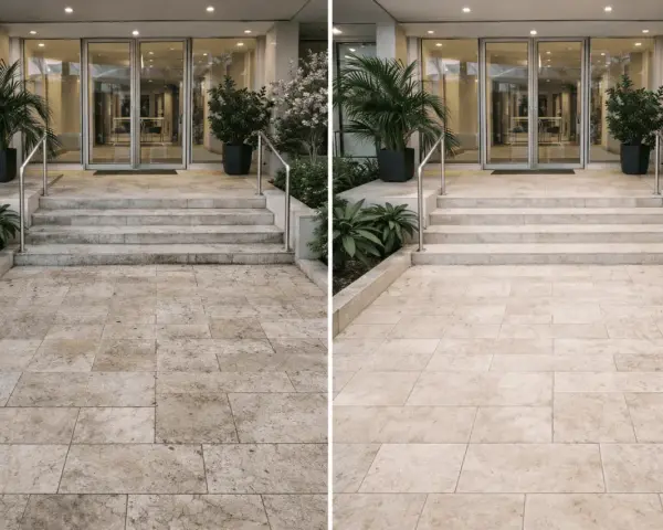 Ingresso hotel prima e dopo pulizia. Pavimento e scale sporchi, poi splendenti. Ideale per rimborso booking hotel sporco.
