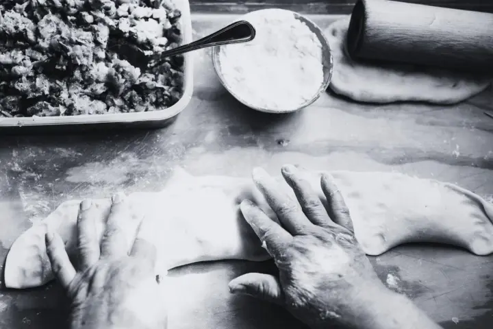 Mani esperte modellano la pasta per creare un'azdora romagnola, con ripieno e farina pronti.