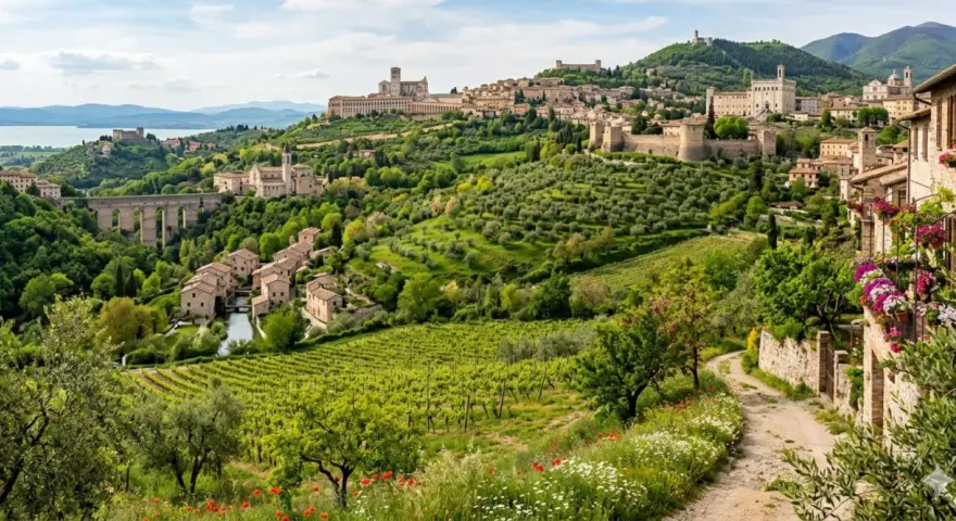 Un borgo umbro con vigneti e uliveti, perfetto per gite di un giorno da Perugia.