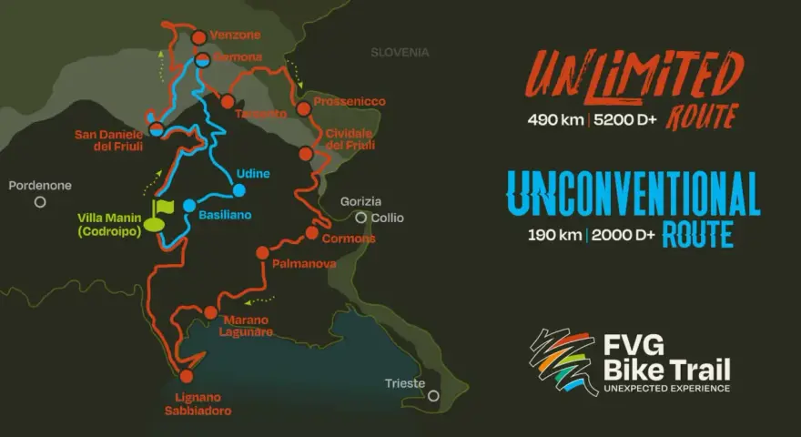 Mappa delle piste ciclabili del Friuli Venezia Giulia con due percorsi: Unlimited (490 km) e Unconventional (190 km).