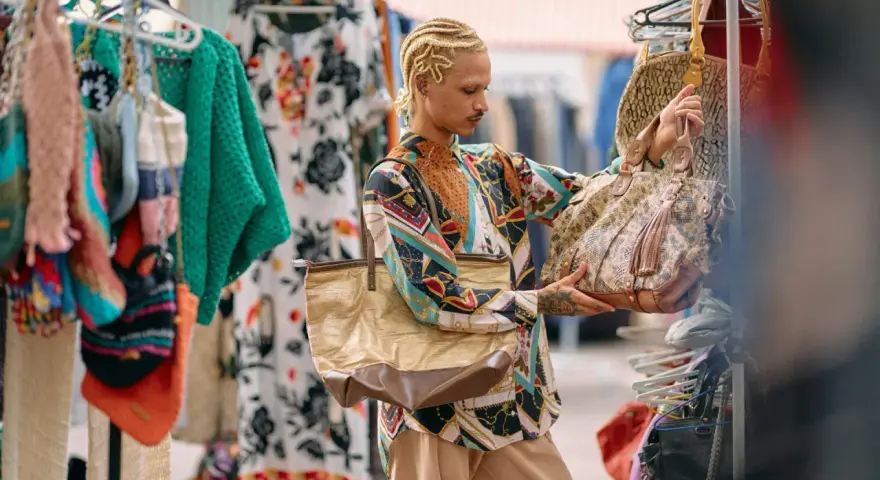 Un ragazzo con treccine bionde sceglie borse in un mercato di shopping a Roma.