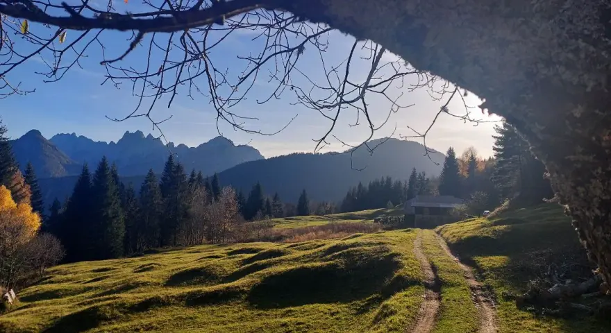Sentiero in collina con casetta e montagne sullo sfondo, un assaggio di cosa vedere a Tarvisio in autunno.