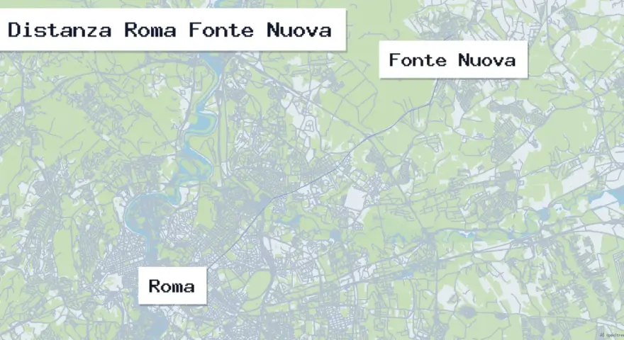 Map showing the route from Roma to Fonte Nuova with labels for both cities.