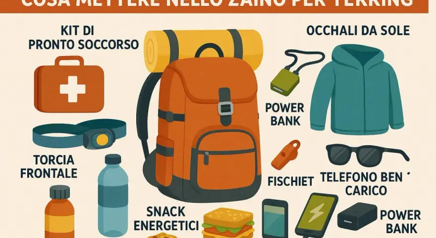 Zaino da trekking arancione con kit pronto soccorso, torcia frontale, snack, occhiali da sole, giacca, fischietti, power bank e telefono carico. Ecco cosa mettere nello zaino!