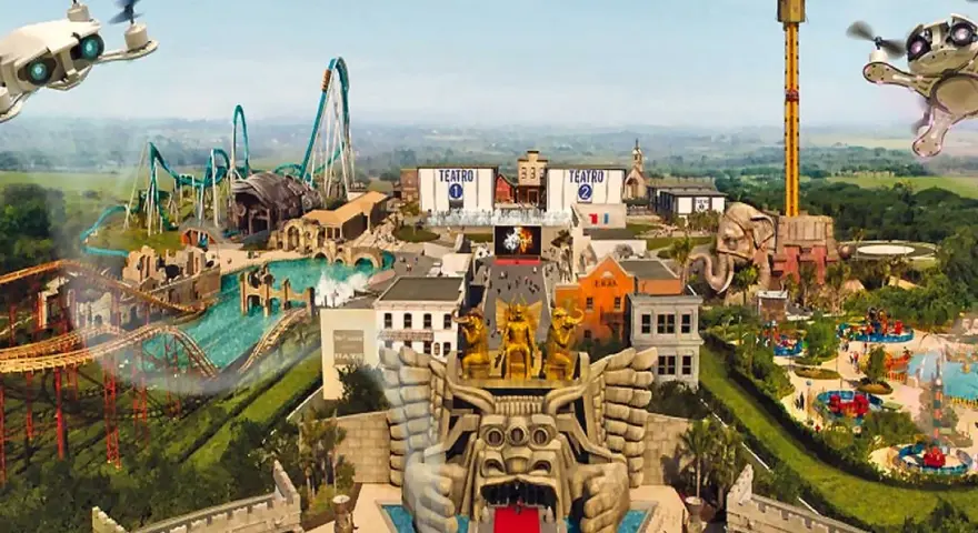 Parco divertimenti con montagne russe, torri panoramiche e attrazioni a tema. Per sapere come arrivare a Cinecittà World da Roma Termini, guarda questo panorama.