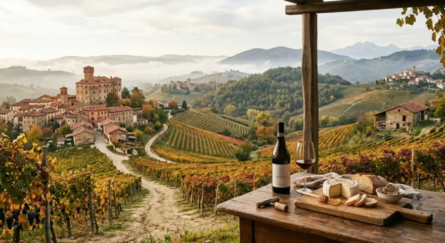 Un villaggio piemontese tra vigneti autunnali. Un calice di vino e formaggio su un tavolo, perfetti per esplorare i percorsi enogastronomici del Piemonte.