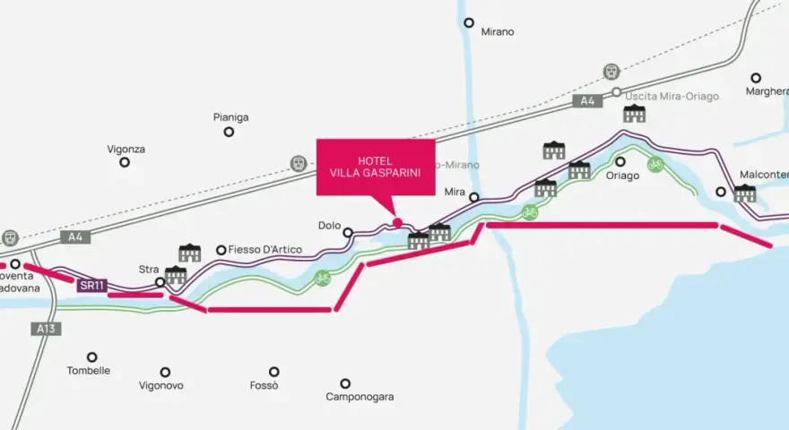 Mappa di un tour ville venete, con hotel Villa Gasparini, percorsi ciclabili e autostrade A4/A13.