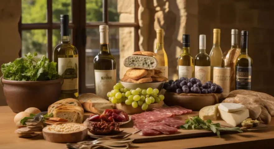 Un perfetto aperitivo in vigna Veneto: vini, pane, salumi, formaggi, uva e verdure fresche, un invito alla convivialità.