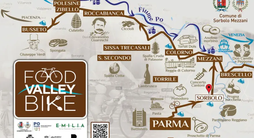 Mappa delle ciclabili in Emilia Romagna, con tappe dedicate a cibo e cultura, da Busseto a Sorbolo.