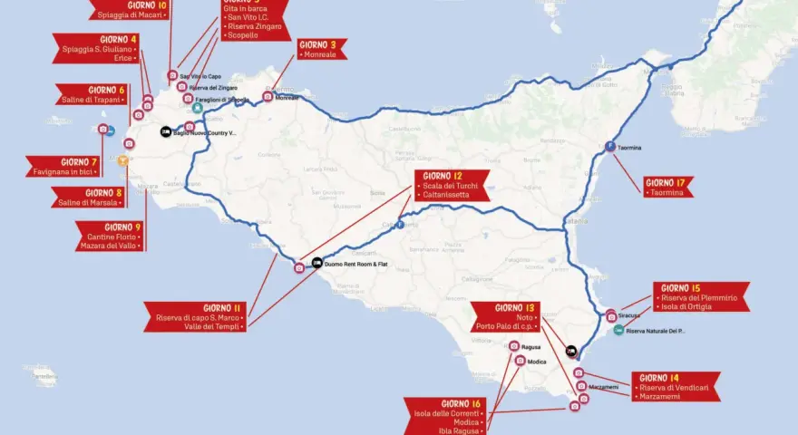 Itinerario in Sicilia: una vacanza a sorpresa tra spiagge, riserve naturali e siti archeologici, da Trapani a Taormina.