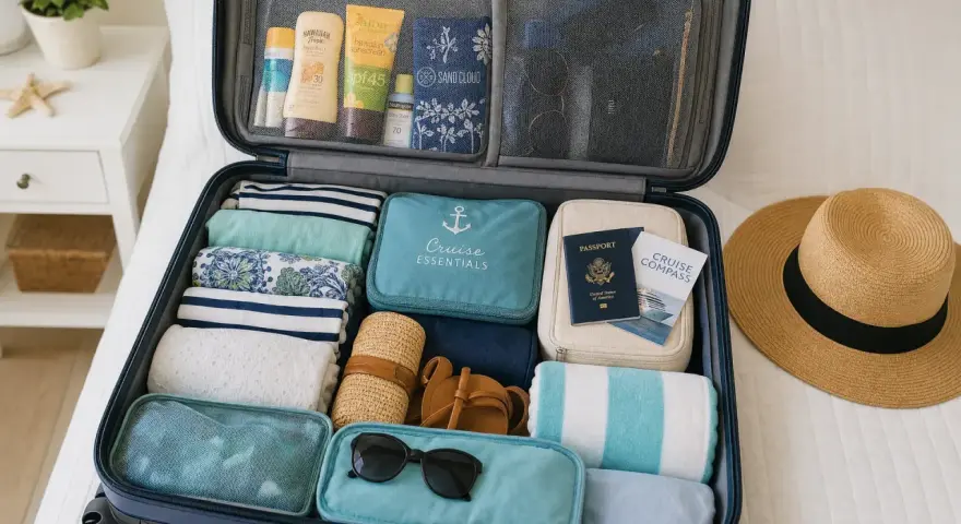 Valigia aperta con abiti piegati, creme solari, cappello di paglia, occhiali da sole e documenti. Ecco cosa portare in barca a vela per una vacanza perfetta.