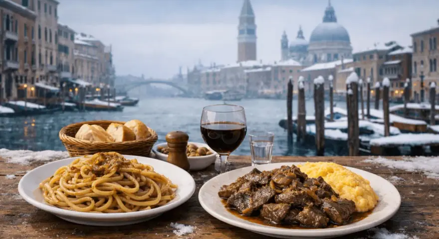 Un assaggio di piatti tipici veneziani con spaghetti e spezzatino, sullo sfondo di un Canal Grande innevato.