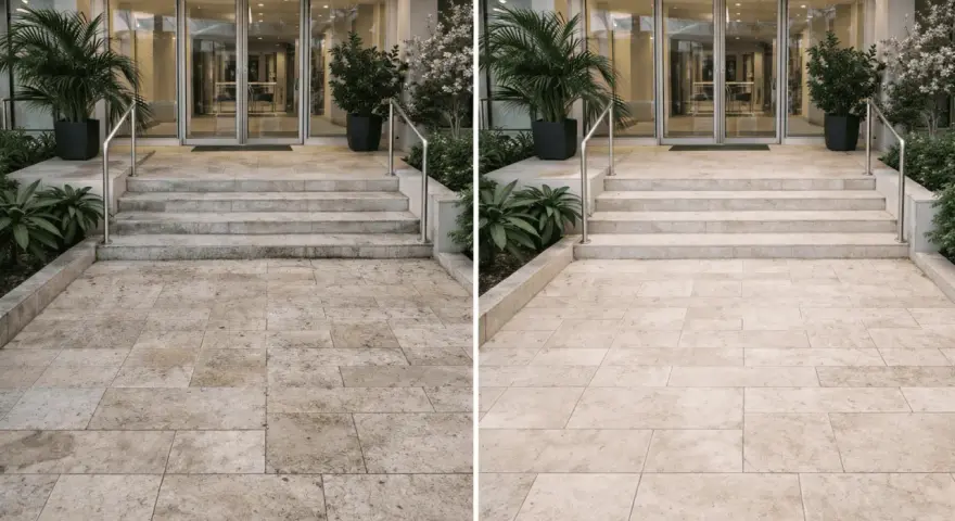 Ingresso hotel prima e dopo pulizia. Pavimento e scale sporchi, poi splendenti. Ideale per rimborso booking hotel sporco.