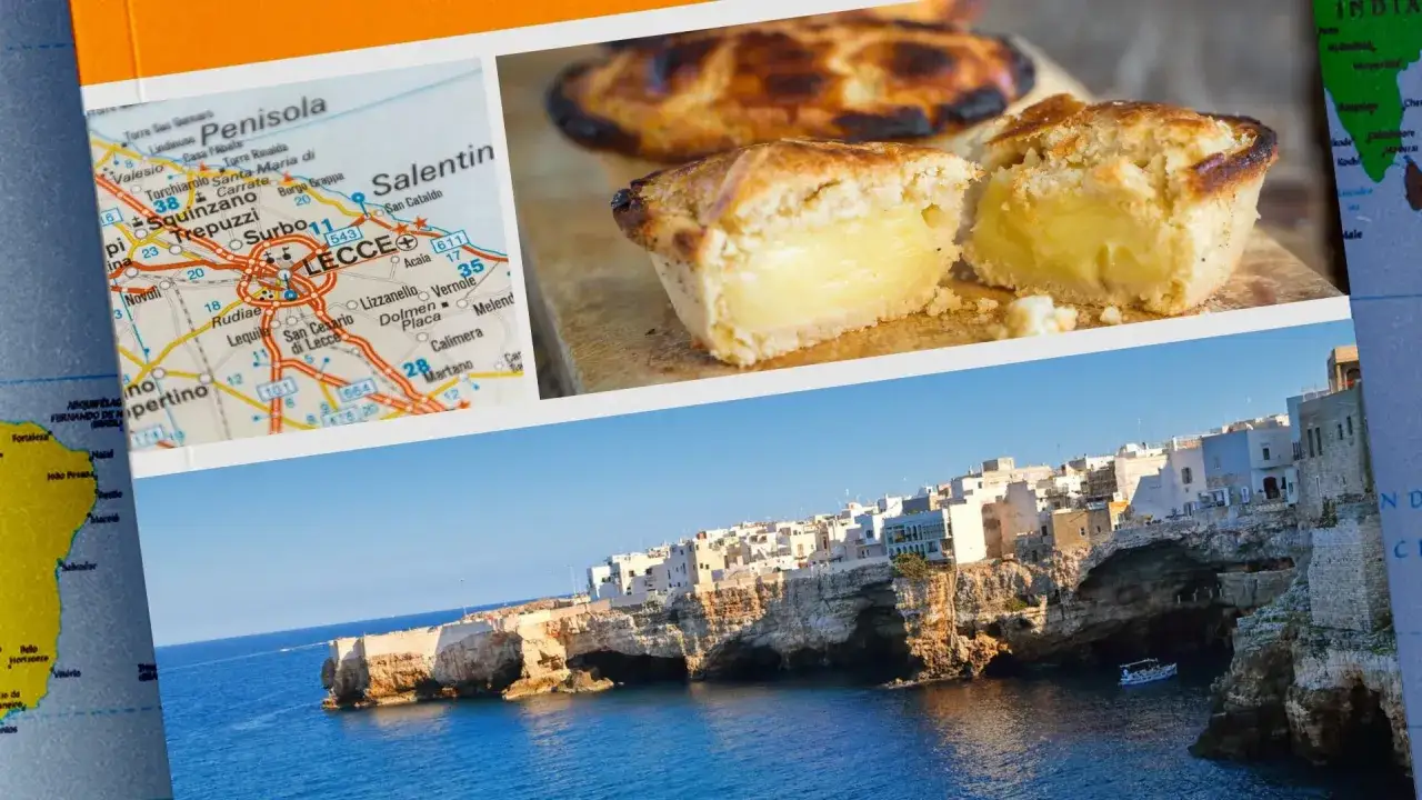 Mappa del Salento con Lecce, dolci tipici e Polignano a Mare. Scopri dove mangiare a Lecce e assaporare le delizie pugliesi.