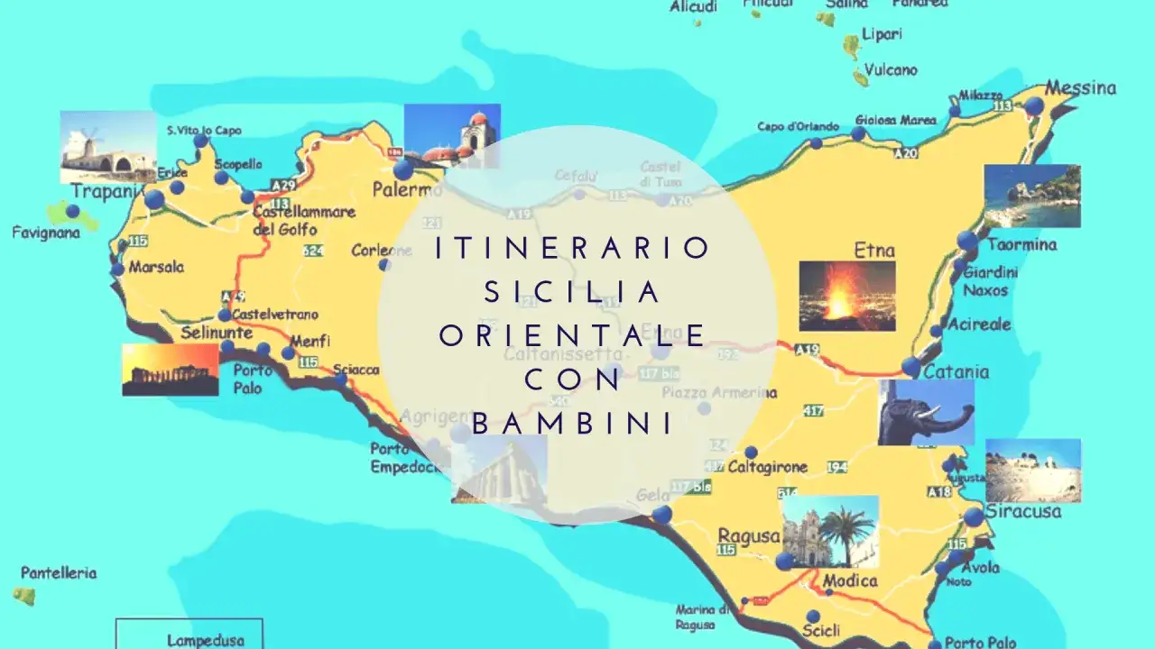 Mappa della Sicilia con itinerario per bambini, ideale per gite domenicali. Mostra Etna, Taormina, Siracusa e altre località.
