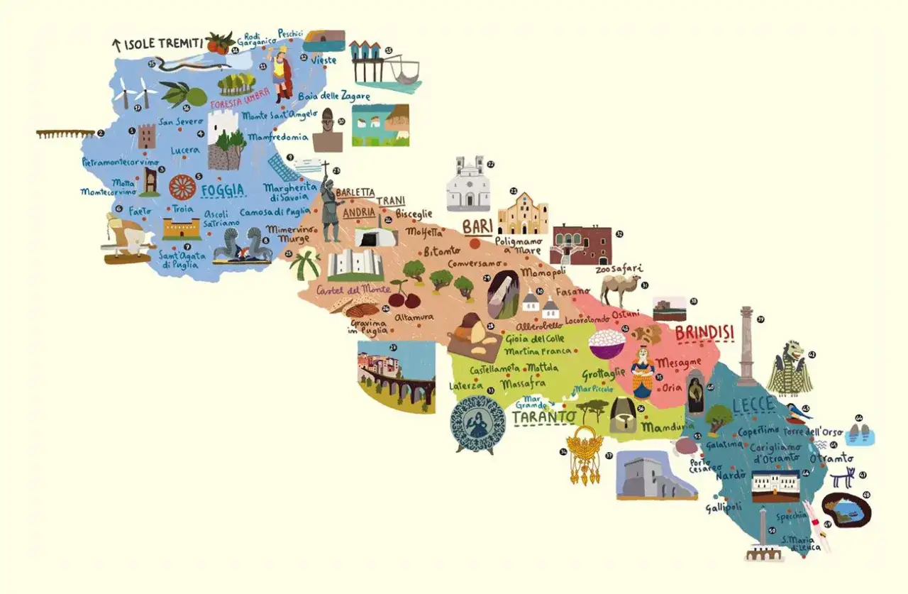 Mappa illustrata della Puglia con tappe in macchina: da Foggia a Lecce, passando per Bari e Taranto, con icone di luoghi e prodotti tipici.