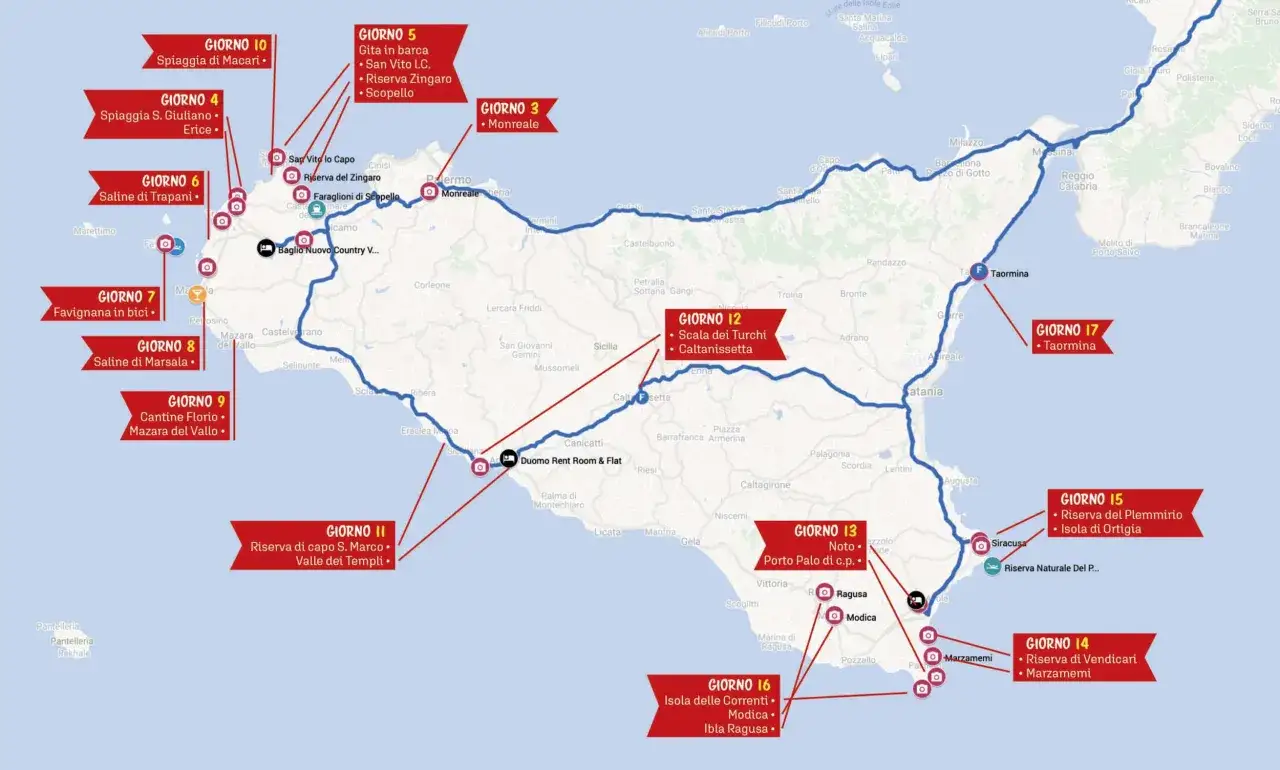 Mappa della Sicilia con itinerario dettagliato per organizzare viaggi senza agenzia: spiagge, riserve naturali e citt&agrave; storiche.