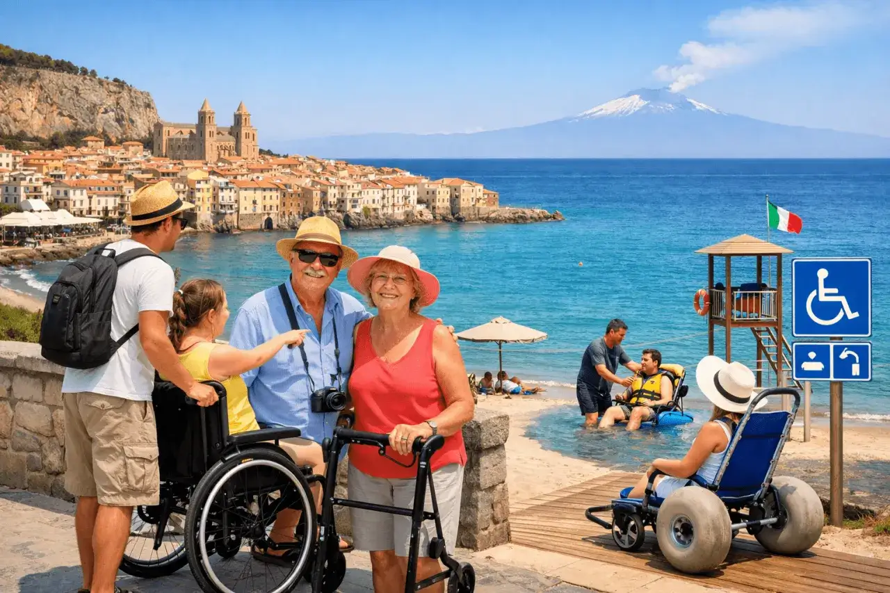 Famiglia in vacanza in Italia, con assistenza per disabili. La spiaggia accessibile offre divertimento per tutti, con un panorama mozzafiato.