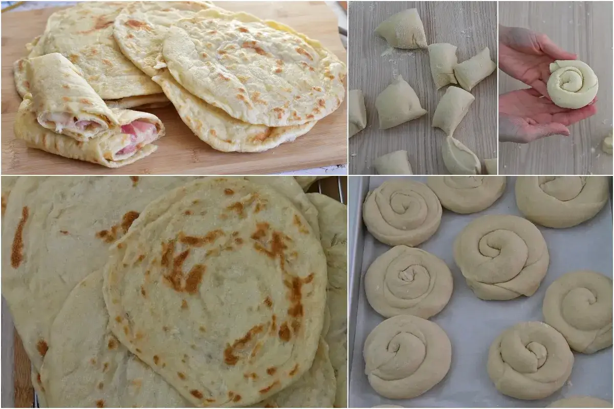 Passaggi per la piadina sfogliata ricetta originale: impasto, piegatura e arrotolamento per ottenere la forma a spirale.