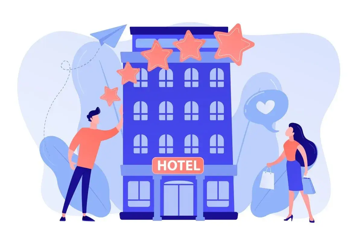 Valutazione hotel: uomo aggiunge stelle, donna con borse e cuore.