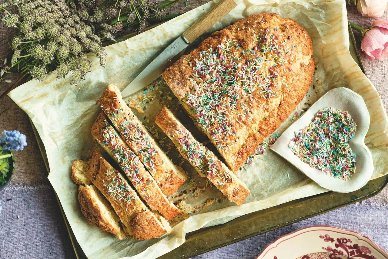 Dolce tipico romagnolo, un ciambellone soffice decorato con zuccherini colorati, pronto per essere gustato.