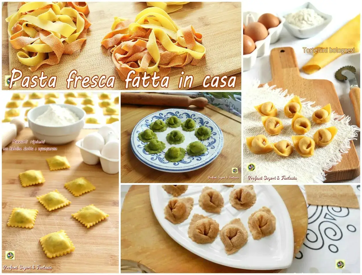 Collage di primi piatti romagnoli: tagliatelle, ravioli quadrati, tortellini verdi e tortellini bolognesi, tutti fatti in casa.