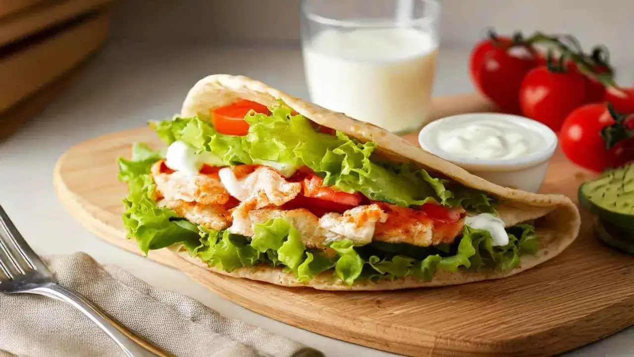 Piadina ripiena di pollo grigliato, lattuga croccante e pomodoro. Un'idea gustosa per le farciture per piadine, accompagnata da salsa allo yogurt.