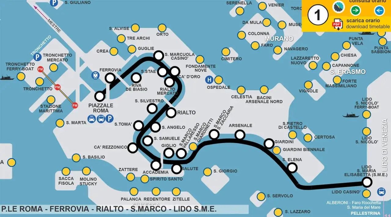 Mappa di Venezia con le linee del vaporetto, utile per capire come muoversi a Venezia spendendo poco. Mostra le fermate principali da Piazzale Roma al Lido.
