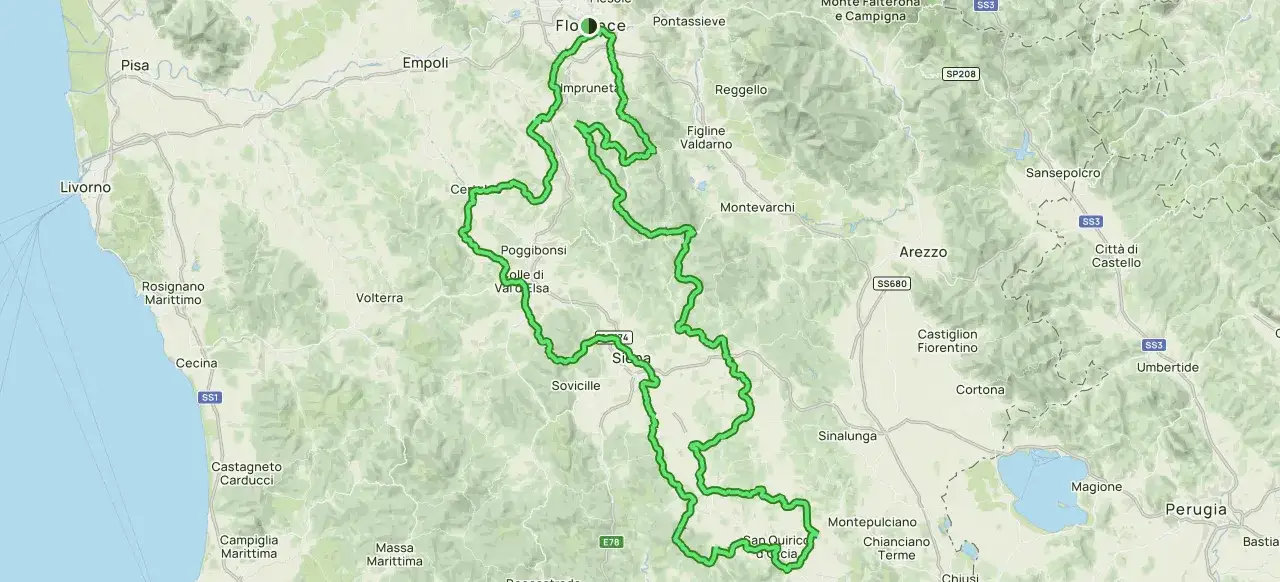 Mappa di una ciclabile toscana che collega Firenze a Siena e dintorni, attraversando colline e borghi.
