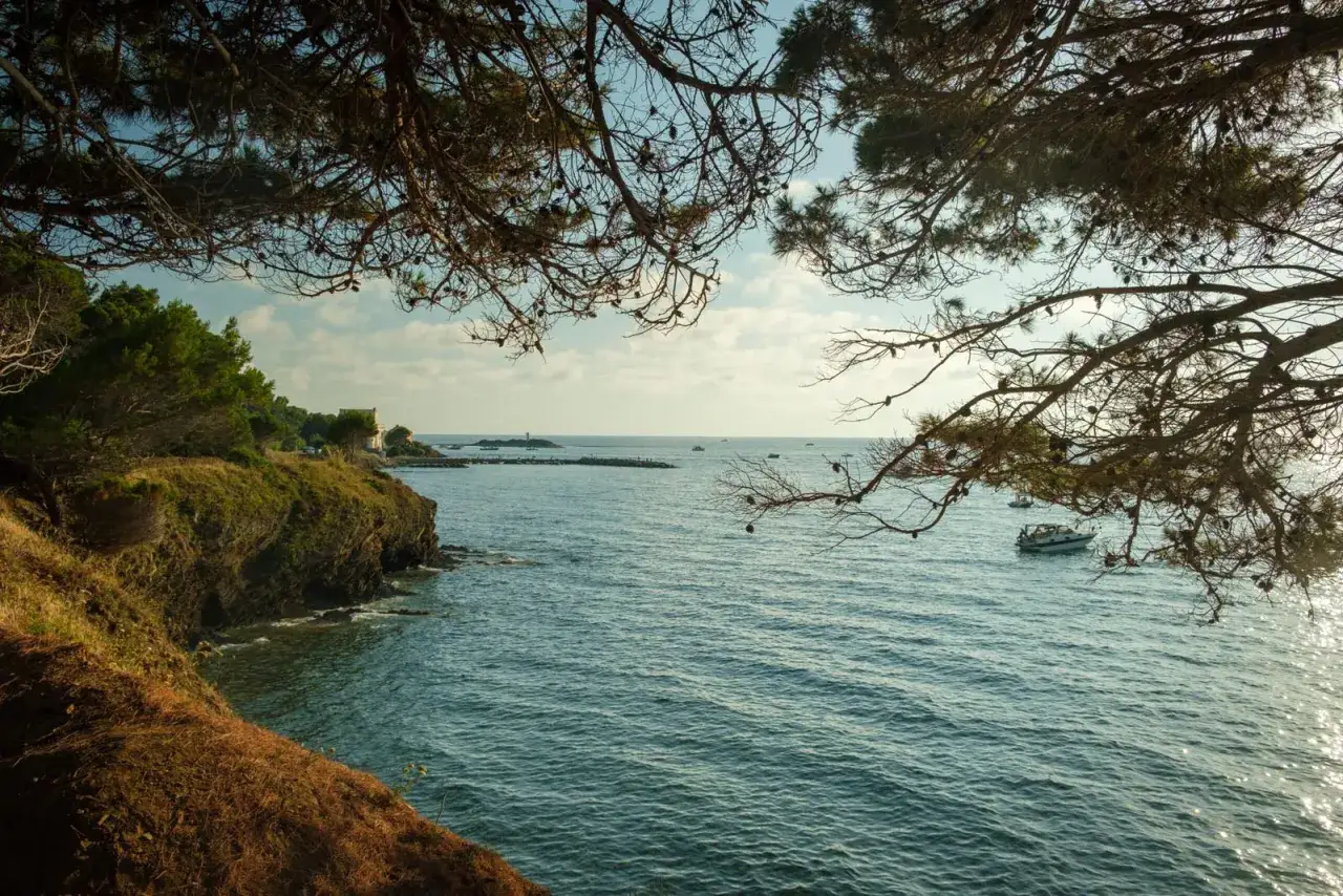 Vista dalla punta, cosa vedere: mare azzurro, costa verdeggiante, un faro in lontananza e barche che navigano tranquille.