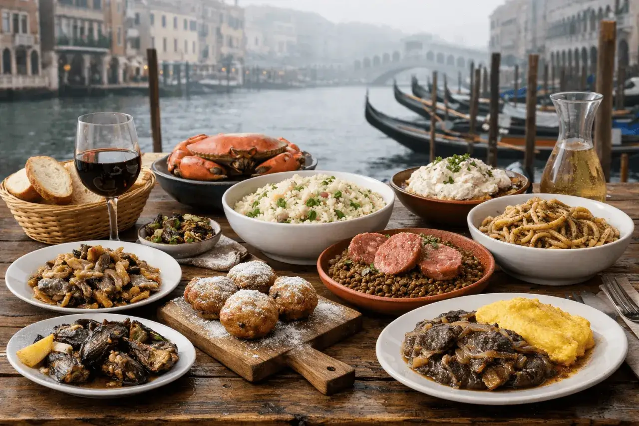 Un banchetto di piatti tipici veneziani, tra cui granchio, risotto, pasta e polenta, con gondole sullo sfondo.