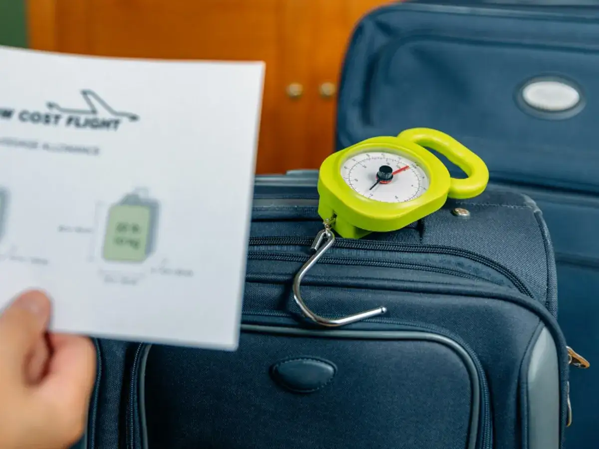 Bilancia per bagagli su valigie blu, con foglio che mostra le restrizioni di peso per le migliori compagnie aeree low cost.