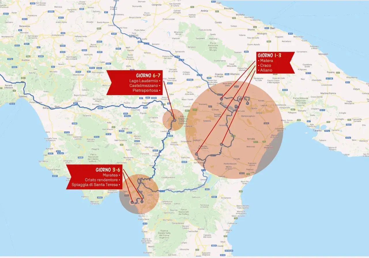 Itinerari Basilicata in macchina: da Matera a Maratea, passando per Craco, Aliano, Lago Laudemio, Castelmezzano e Pietrapertosa.