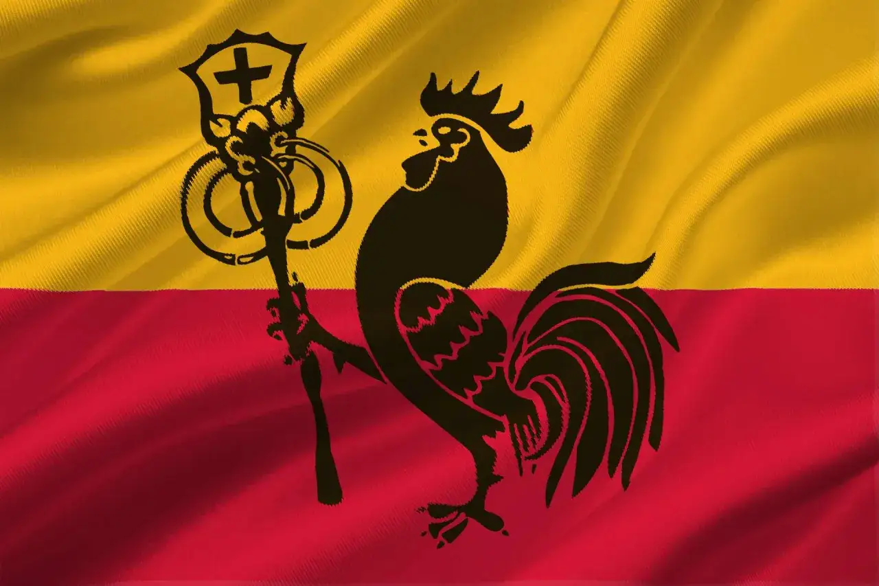 Bandiera con gallo romagnolo nero su sfondo giallo e rosso. Il gallo tiene un bastone con croce.