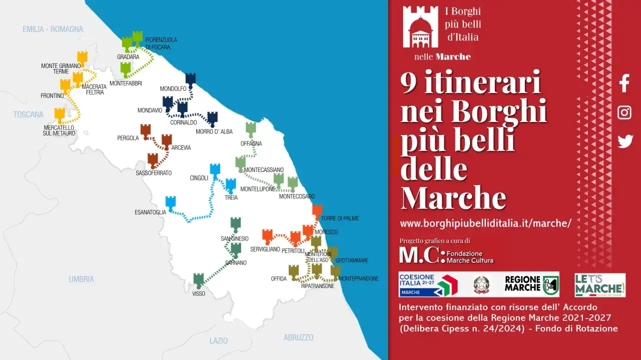 Mappa dei 9 itinerari nei Borghi più belli delle Marche, un punto strategico per visitare la regione, con castelli colorati che indicano le destinazioni.