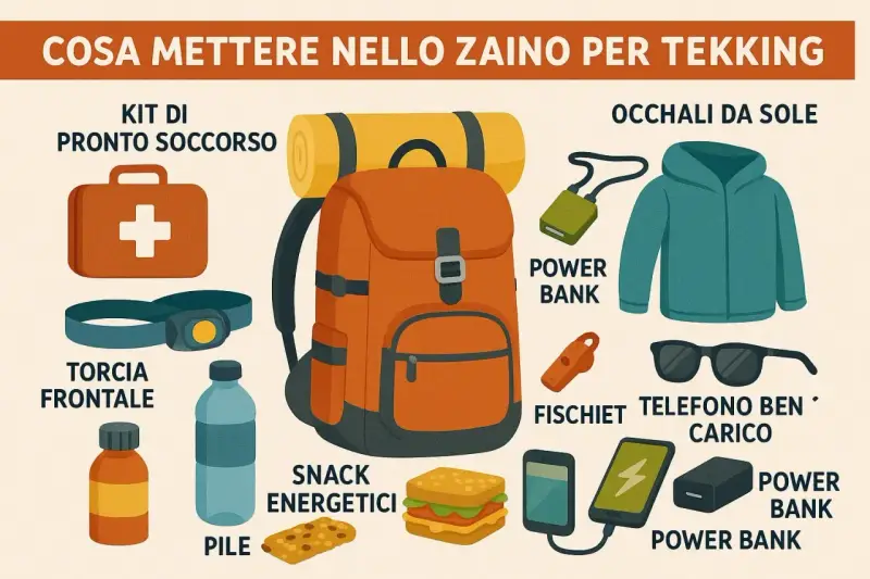 Zaino da trekking arancione con kit pronto soccorso, torcia frontale, snack, occhiali da sole, giacca, fischietti, power bank e telefono carico. Ecco cosa mettere nello zaino!