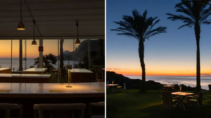 Interno di un ristorante con vista mare al tramonto, tavoli illuminati. Esterno con palme e tavoli da giardino, perfetto per un **hotel tramonto**.
